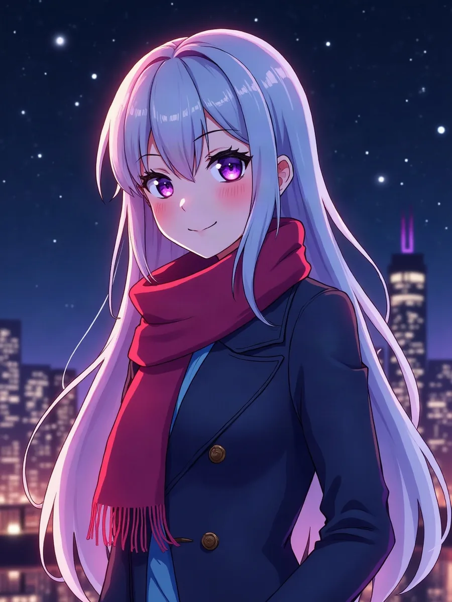 Character.AI: ilustracja wygenerowana przez AI, kobieca postać w stylu anime o długich srebrnych włosach i fioletowych oczach, w długim płaszczu, przed rozgwieżdżonym miastem