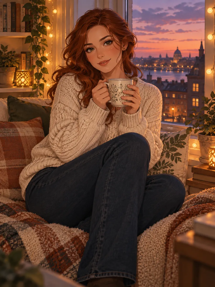 CrushOn AI, dziewczyna AI: ilustracja wygenerowana przez AI, półrealistyczna ilustracja dorosłej kobiety z falowanymi kasztanowymi włosami, w kremowym swetrze