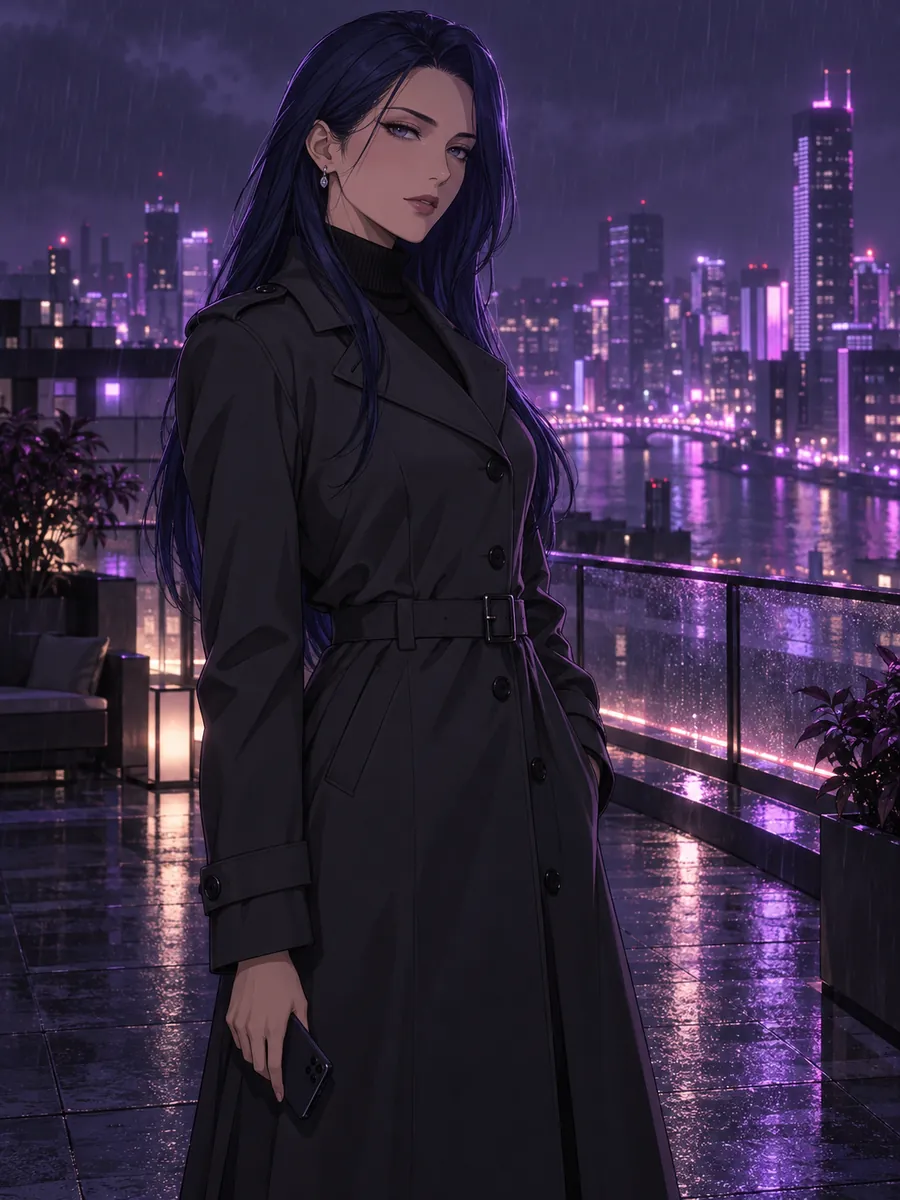 eHentai AI, dziewczyna AI: ilustracja wygenerowana przez AI, Ilustracja w stylu anime: dorosła kobieta z długimi, ciemnogranatowymi włosami, w antracytowym trenczu