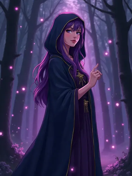 FantasyGF: ilustracja wygenerowana przez AI, czarodziejka w stylu anime o długich fioletowych włosach, w ciemnej szacie z kapturem, w lesie pełnym świetlistych kul