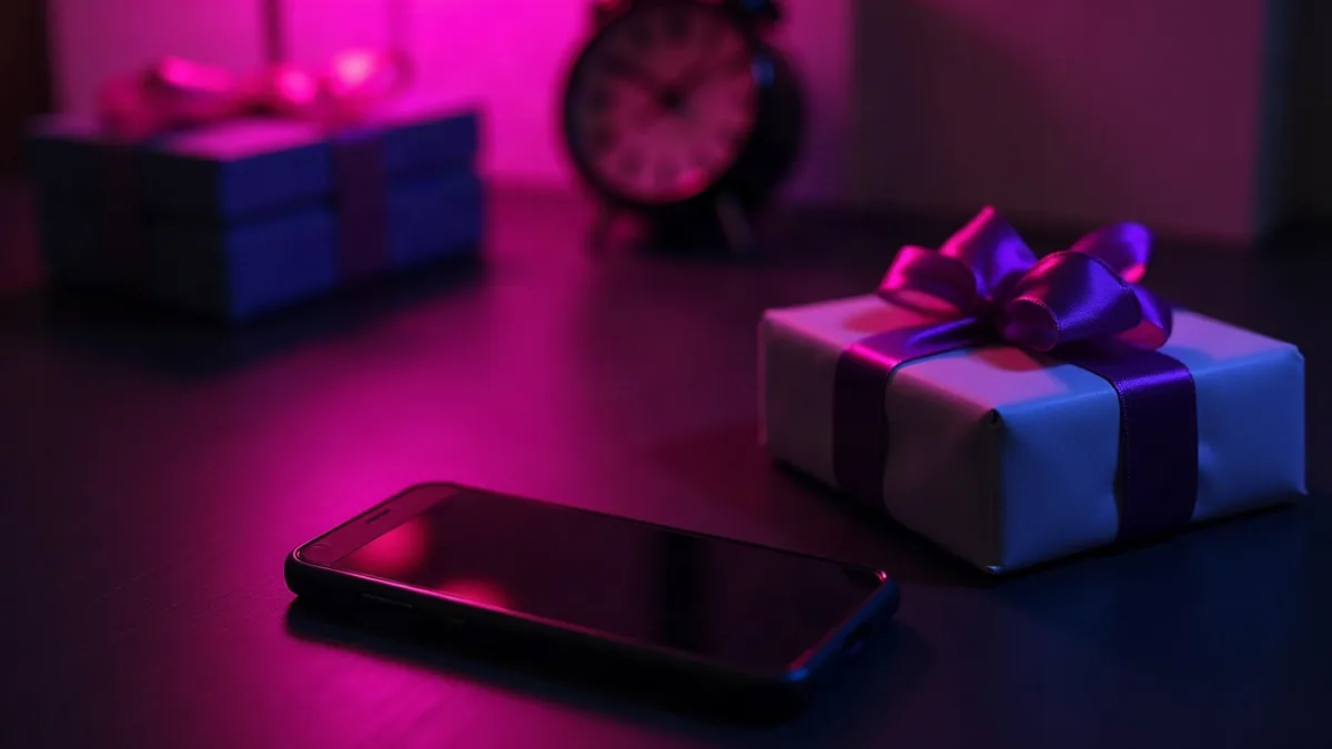 Smartfon obok małego prezentu z fioletową wstążką, na ciemnym biurku (ilustracja do artykułu)
