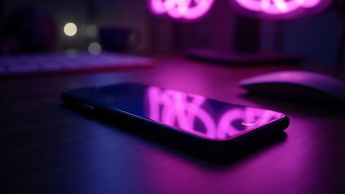 Smartfon na ciemnym biurku, świecące fioletowe refleksy na ekranie (ilustracja do artykułu)