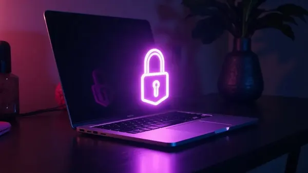 Laptop ze świecącą fioletową kłódką nad klawiaturą (ilustracja do artykułu)
