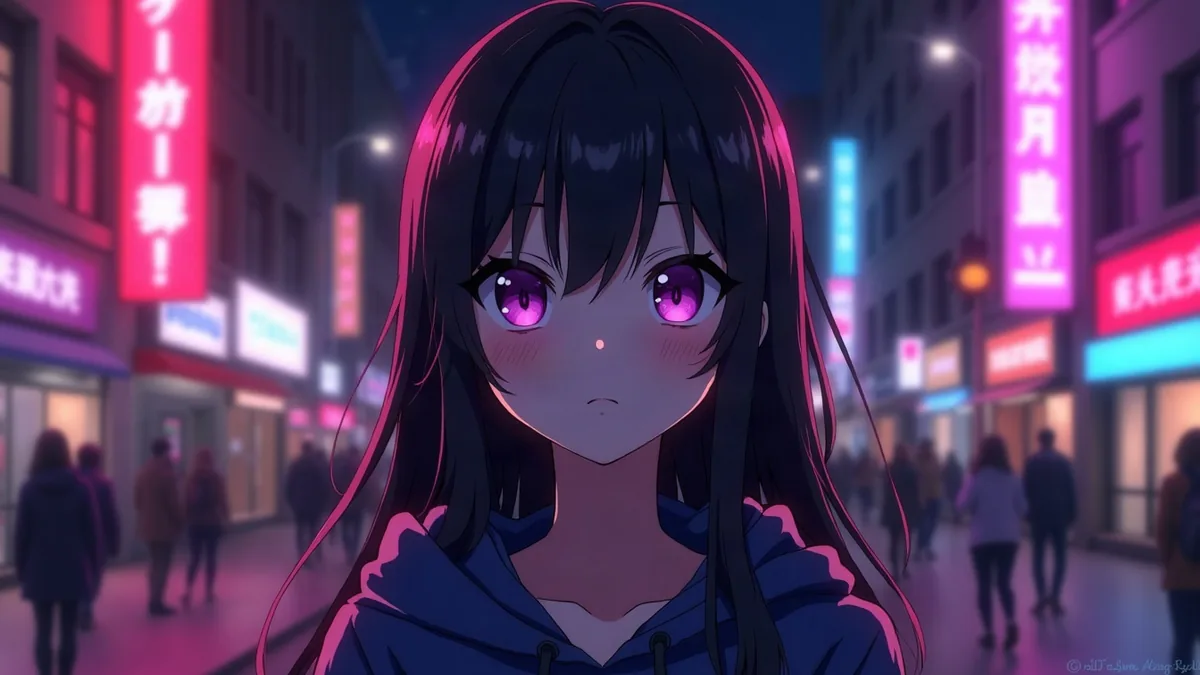 Kobieca postać anime o czarnych włosach w bluzie z kapturem, na ulicy pełnej neonów nocą (ilustracja do artykułu)