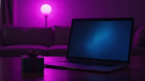 Otwarty laptop w ciemnym pokoju, obok małe pudełko z prezentem (ilustracja do artykułu)