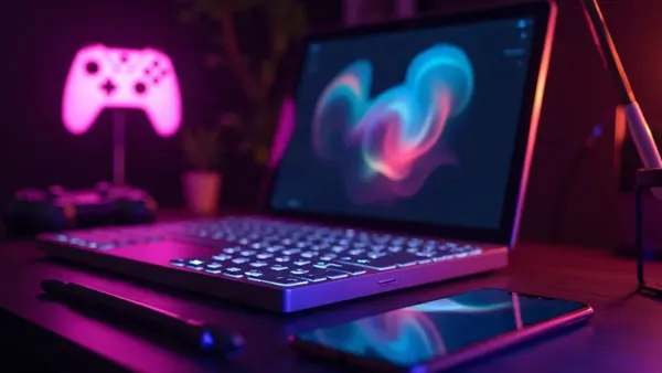 Ciemne biurko twórcy z laptopem, smartfonem i świecącym różowym padem (ilustracja do artykułu)