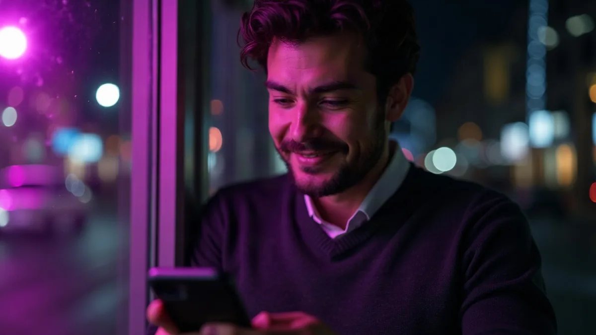 Brunet w grafitowym swetrze uśmiecha się do telefonu przed oknem, nocą (ilustracja do artykułu)