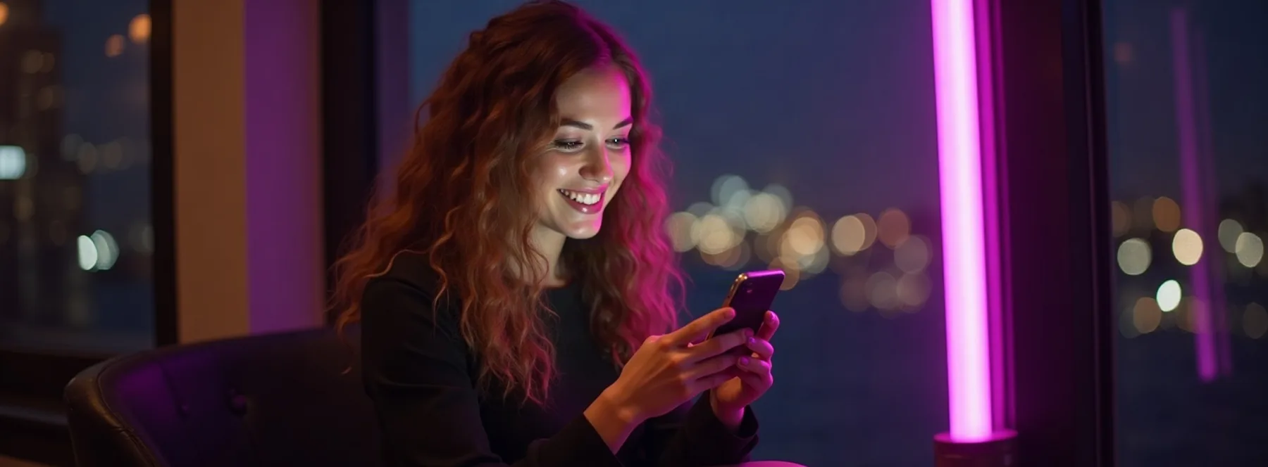 Kobieta o kasztanowych włosach uśmiecha się do telefonu przy oknie, nocą