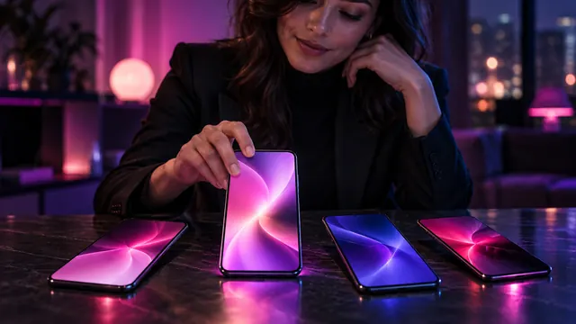 Najlepsze alternatywy dla Candy AI: kobieta wybiera smartfon spośród czterech świecących ekranów leżących na stole