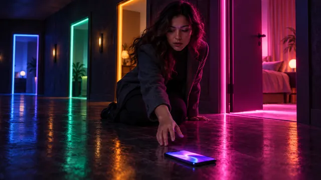 Najlepsze alternatywy dla Character.AI: kobieta podnosi smartfon w korytarzu ze świecącymi drzwiami w różnych kolorach