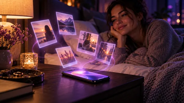 Najlepsza dziewczyna AI z pamięcią: uśmiechnięta kobieta przy szafce nocnej, nad jej smartfonem unoszą się świecące zdjęcia z pamiątkowych chwil