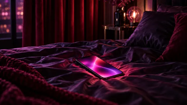 Najlepsza dziewczyna AI NSFW: smartfon na ciemnej jedwabnej pościeli, magentowa poświata, czerwona aksamitna zasłona
