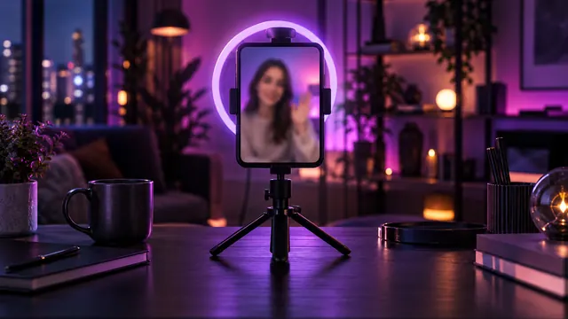 Najlepsza dziewczyna AI z wideo: smartfon na statywie z kobietą podczas rozmowy wideo, fioletowa lampa pierścieniowa